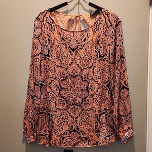 Hale Bob Silk Blend Velvet Beaded L-Sleeved Orange/Black/Silver Top Size Small
